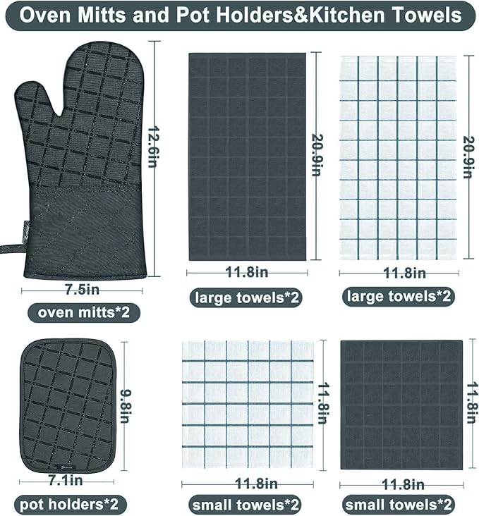 Oven Mitts Pot Holders Sets/Kitchen Towels and Dishcloths,Oven Gloves Kitchen Dish Towels 500 Degree Heat Resistant Potholders with Non-Slip Silicone Surface for Cooking,Grilling,Baking-Deep Green