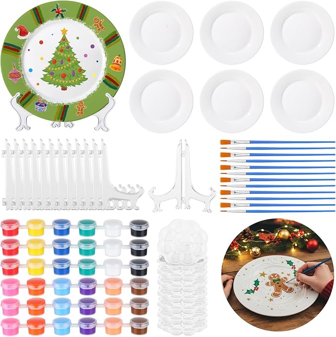 Humyoun 36 Pcs Paint Your Own Porcelain Plates Ceramic Painting Kit Includes 6 Porcelain Plates 6 Paints 12 Paint Brushes 6 Stands and 6 Color Palette DIY Unpainted Ceramic Art Crafts Kit for Adults