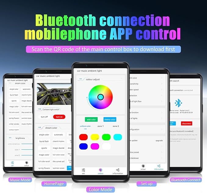 Acrylic Interior Car LED Strip Light with APP, 18-in-1 128 Colorful 6 Pieces Fiber Optic Car Decoration Atmosphere Light Kits, Dual Zone Music Sync Rhythm RGB Neon Lighting for All Cars