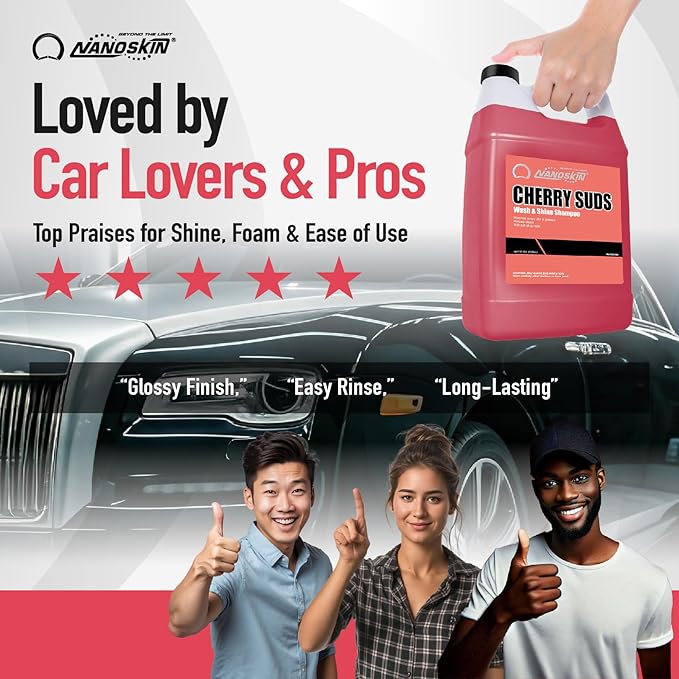 Nanoskin CHERRY SUDS Foaming Car Wash Shampoo 16 Oz. - Works with Foam Cannon, Foam Gun, Bucket Washes, Car Soap for Pressure Washer | Safe for Cars Trucks, Motorcycles, RVs & More | Cherry Scented