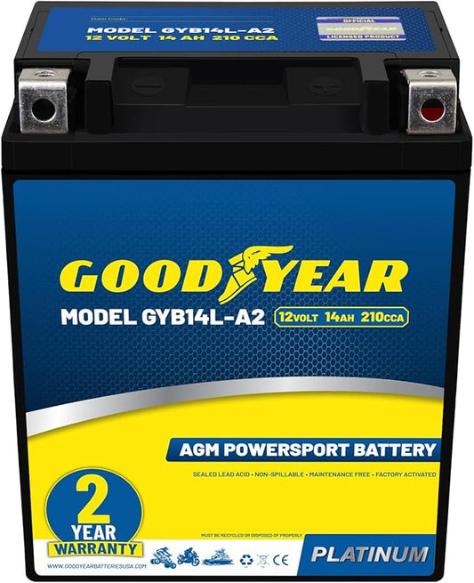 Goodyear GYB14L-A2-12 Volt 14 AH, 210 CCA, Rechargeable High-Performance, Maintenance Free, SLA - AGM Battery for Motorcycle, ATV, UTV, Scooter, Snowmobile, Motorbike and more!