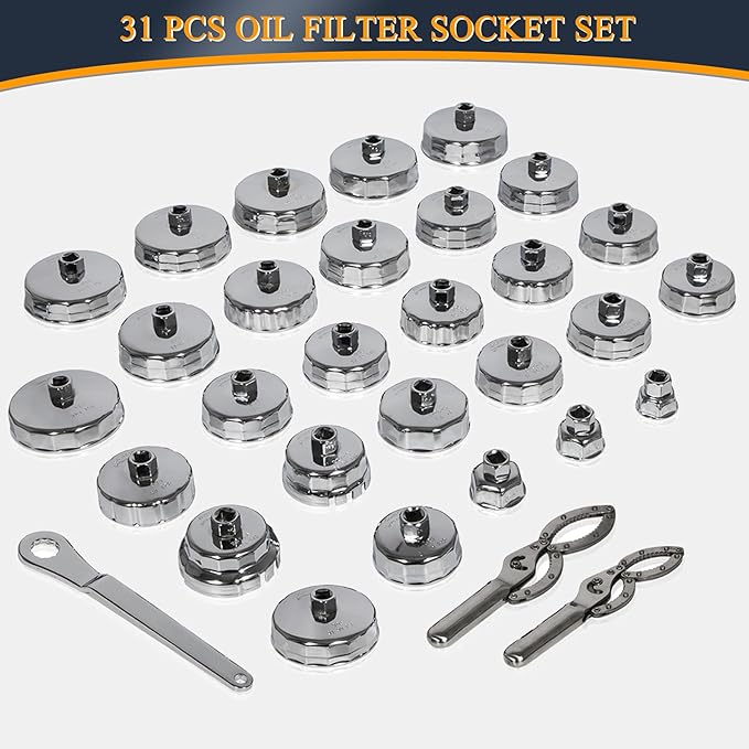 Oil Filter Wrench Set, 31PCS Oil Filter Socket Set, Oil Filter Cap Removal Tool, 1/2" Drive Stainless Steel 27mm 32mm 36mm 64mm-101mm Compatible with Volvo, BMW, Toyota, Nissan, etc