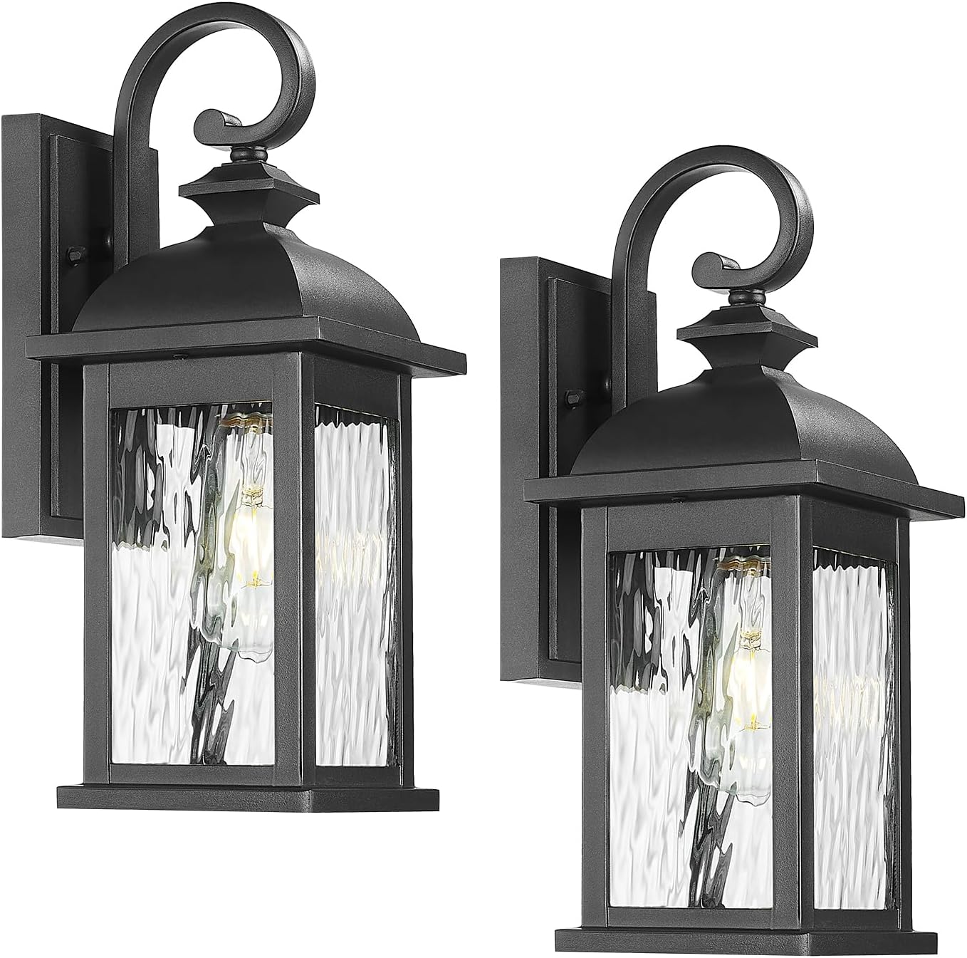 FEMILA 2 Packs Outdoor Waterproof Wall Lights Fixture, 15" Wall Lantern for Porch, Anti-Rust Matte Black Finish with Water Ripple Glass,4FD54B-2PK BK-WP