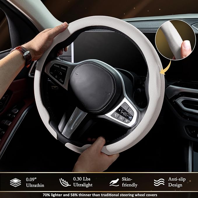 Aimato Nappa Leather Steering Wheel Cover, Ultra-Thin Car Steering Wheel Cover,Comfortable & Breathable Microfiber,Universal Fit for Most Cars,White