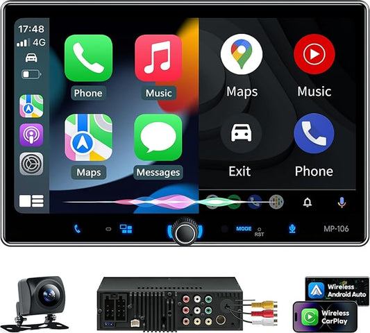 PLZ Single Din Car Stereo Wireless Apple Carplay Android Auto Radio, 10.1" Car Play Touch Screen, Bluetooth 5.3 Car Audio Receiver, 4.2 Channel 240W, Subwoofers, Backup Camera, Navigation, FM/AM, SWC