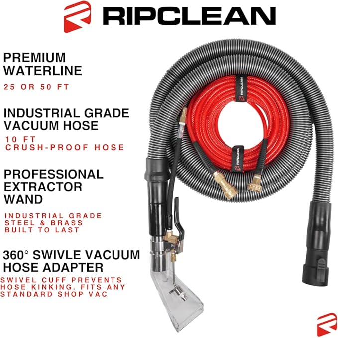 [Ripclean] Betterextractor Hose Kit Extractor Universal Attachment for Shop Vacuum | Use for Carpet, Rugs, Car seat, Upholstery, Stairs, Mattresses | Stainless Steel Hand Tool (25 Foot Waterline)