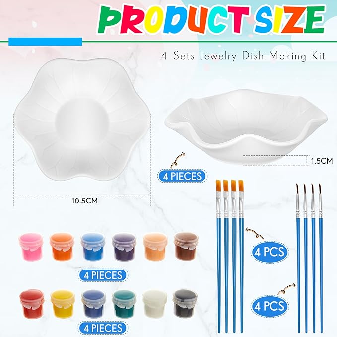 Kolldenn 4 Sets Jewelry Dish Making Kit DIY Paint Your Own Ceramic Arts and Crafts Kit Make Your Own Jewelry Bowls Gifts for Birthday Gift Ideas (Lotus Leaf Plate)
