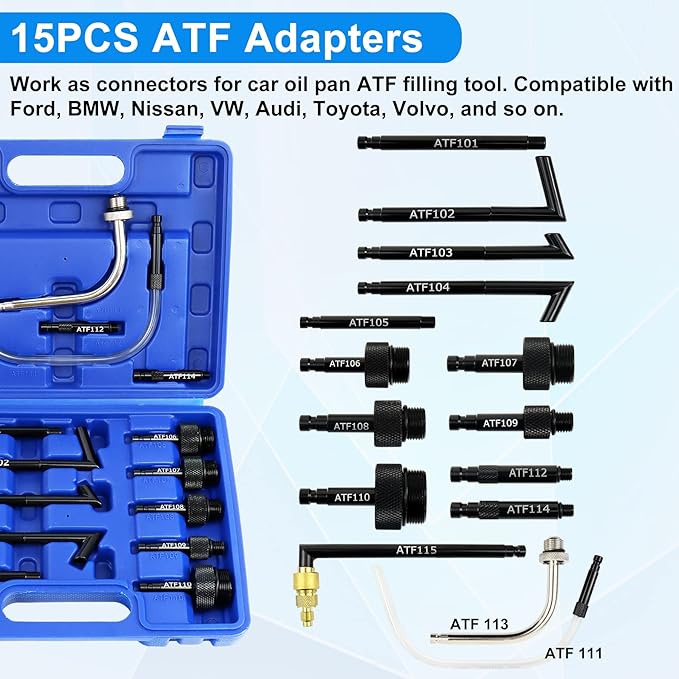 JoyFans 10L Pneumatic Transmission Fluid Pump Extractor and Dispenser, Gearbox Oil Transfer System Refill Fill Evacuator Tool Kit with 15PCS ATF Adapters for Most Garage Shop Vehicles