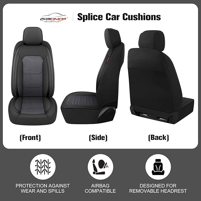 CAROMOP Premium PU Leather&Flannel Car Seat Covers 2 Front Set with Breathable Cloth,Universal Fit for Most Car Interior Covers-Sedan Truck SUV(Black/Grey)