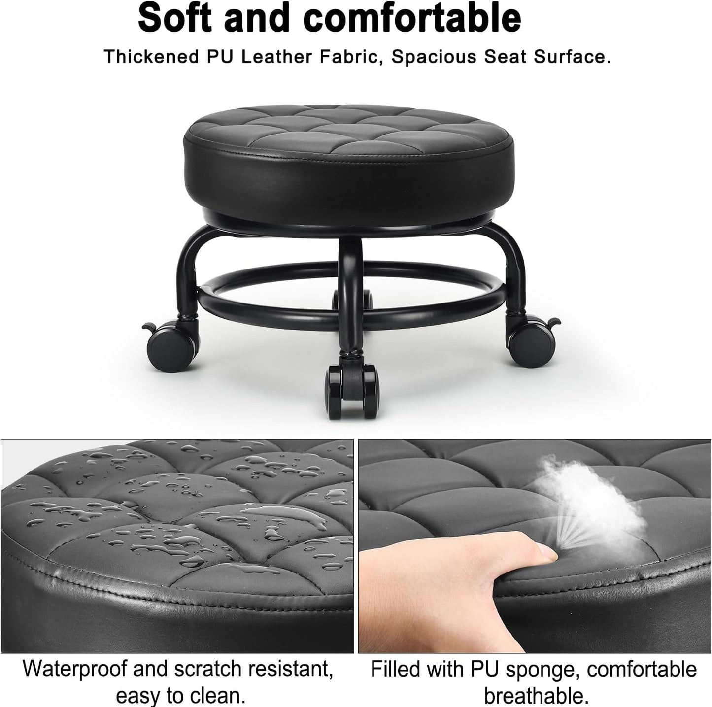 Low Roller Seat Low Height Rolling Stool PU Leather Rolling Stool, Modern Rolling Chair for Home Office Garage Shop