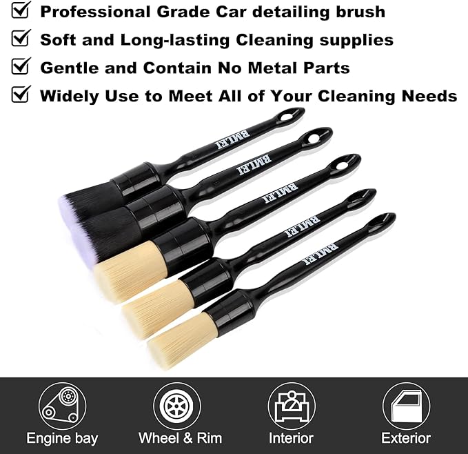 5pcs Car Detailing Brushes Set, Boars Hair Auto Car Detail Brush Kit No Scratch, Ultra Soft Car Duster Brushes Perfect for Interior, Exterior Cleaning, Wheels,Tires,Leather Seats…