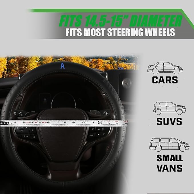 Genuine Leather Steering Wheel Cover for Men Women with Upgraded Silicone Inner Ring, Non-Slip, Breathable, Odorless, Universal 14.5-15 Inch (Blue D, Microfiber Nappa Leather)