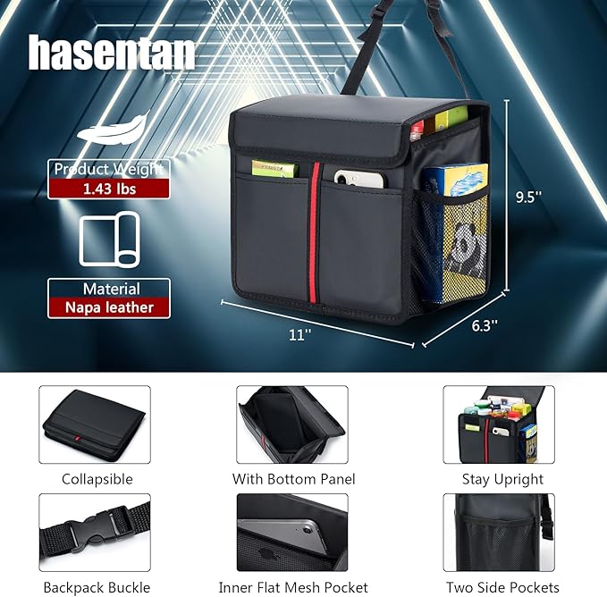 Hanging Car Seat Organizer with Lid - Premium PU Leather Backseat Organizer for Kids & Adults (Black)