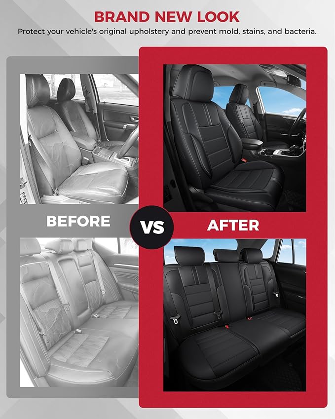 FREESOO Black Car Seat Covers Full Set - Faux Nappa Leather Seat Covers for Cars, with Front Seatbelt Pads, Waterproof Breathable Cushion Protectors Fit for Most 5 Seats Automative Sedans SUV Trucks