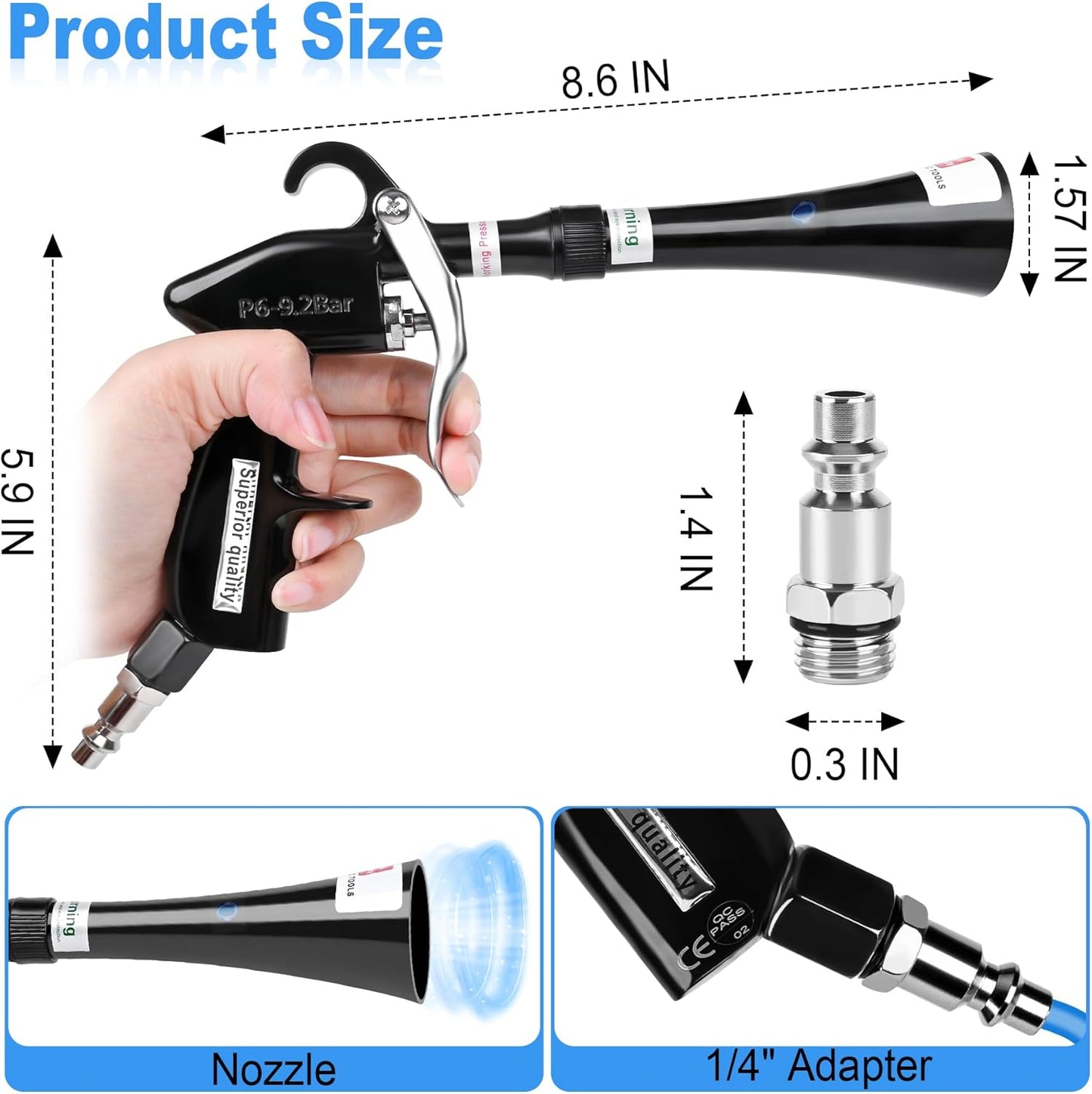 Air Blow Gun Car Detailing Dry Cleaning Gun with Tapered Nozzle High Pressure Cleaning Tool, Dryer Blower for Car Surfaces Quickly Blasts Dust, Works with Air Compressor, Black