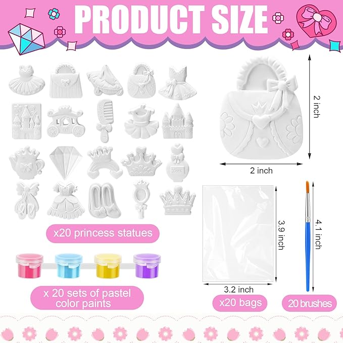 JellyArch 20 Set Princess DIY Painting Kit Ceramic to Paint Your Own Princess Rainbow Castle Statues Unpainted Plaster Figurines Brushes Acrylic Paints Bags Party Favor for Adults