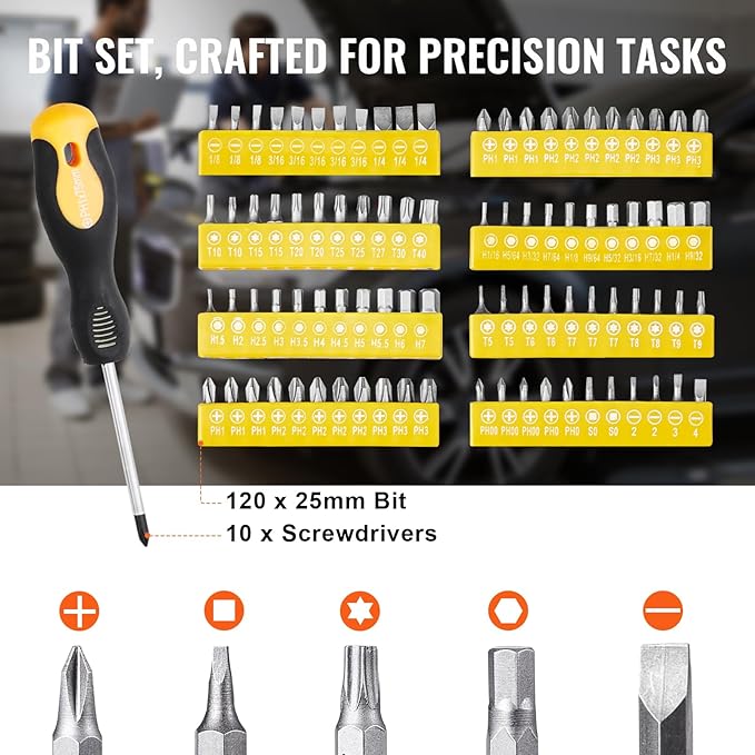 VEVOR Mechanics Tool Set 221Pieces - 1/4" and 3/8" Drive Sockets - SAE and Metric Mechanic Tool Kit with Bits - Wrenches, Ratchet Handle, Accessories, and Plastic Storage Case - for Automotive Repair