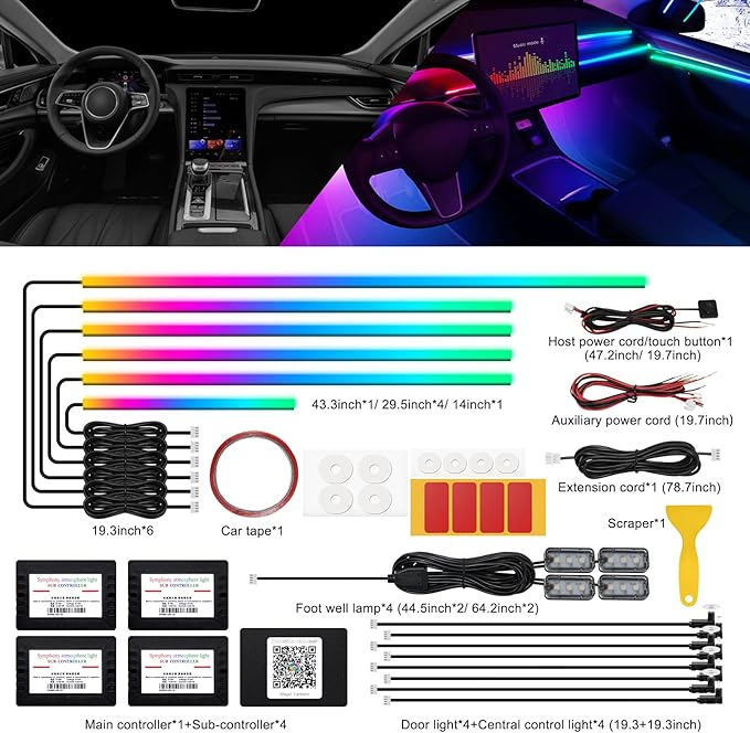Dreamcolor Acrylic Interior Car LED Strip Light with Wireless APP, RGB 18 in 1 with 175 inches 593 LEDs Fiber Optic Ambient Lighting Kits, 16 Million Colors Sound Active Function Car Neon Lights