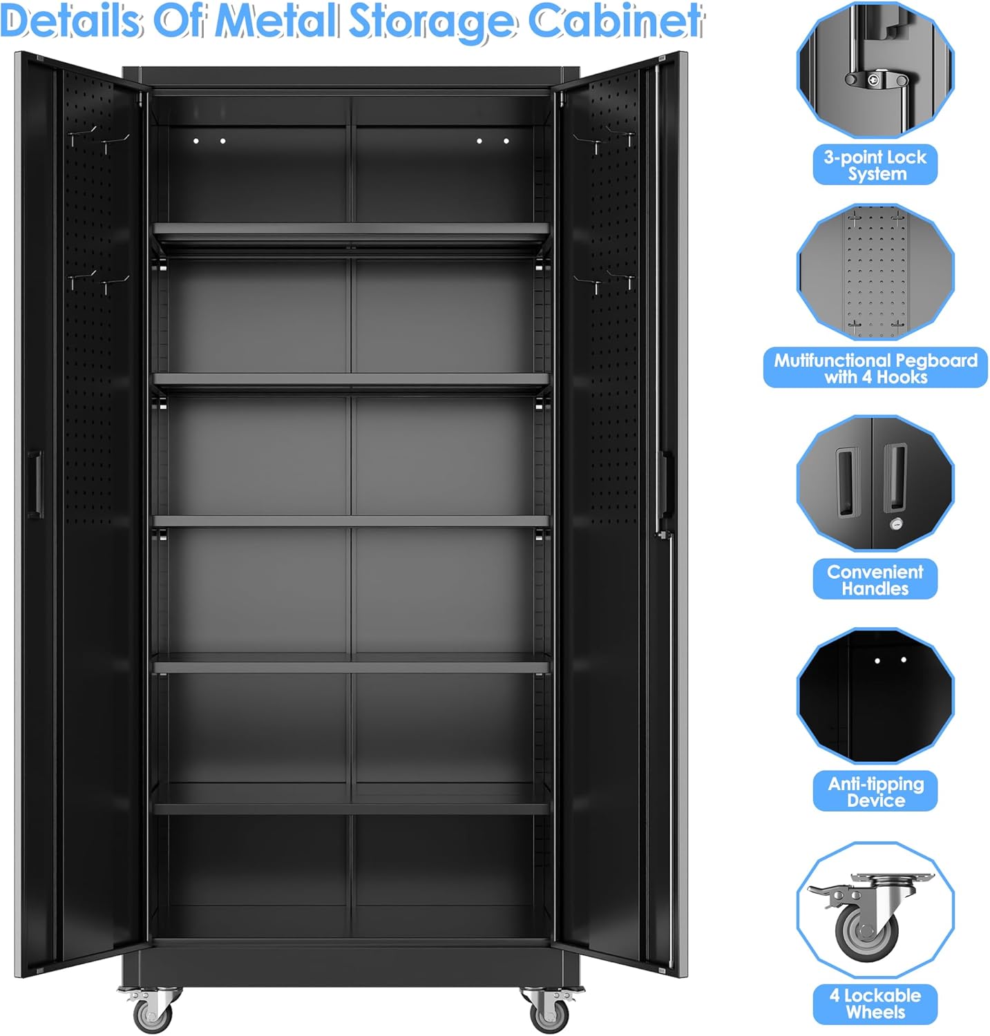 Metal Garage Storage Cabinet with Wheels and Pegboard 71'' x 34'' x 18'', Lockable Rolling Steel Cabinet with 5 Adjustable Shelves and Door for Garage, Office, Kitchen, Assembly Required(Black)