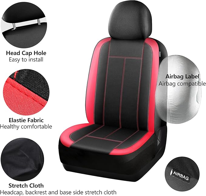 Neoprene Waterproof Seat Covers, Composite EVA Lining Car Seat Cover Front Seats, Airbag Compatible,Durable,Universal Automotive Comfort for Most Cars,Trucks, SUVs(Black Red 816)