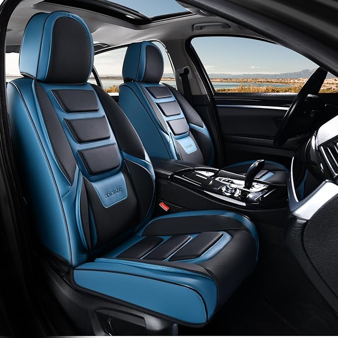 Coverado Car Seat Covers Full Set, Seat Covers for Cars, Front Seat Covers and Back Seat Cover Waterproof Leather Automotive Seat Cover, Universal Car Interior Protectors Cushion for Most Cars Blue