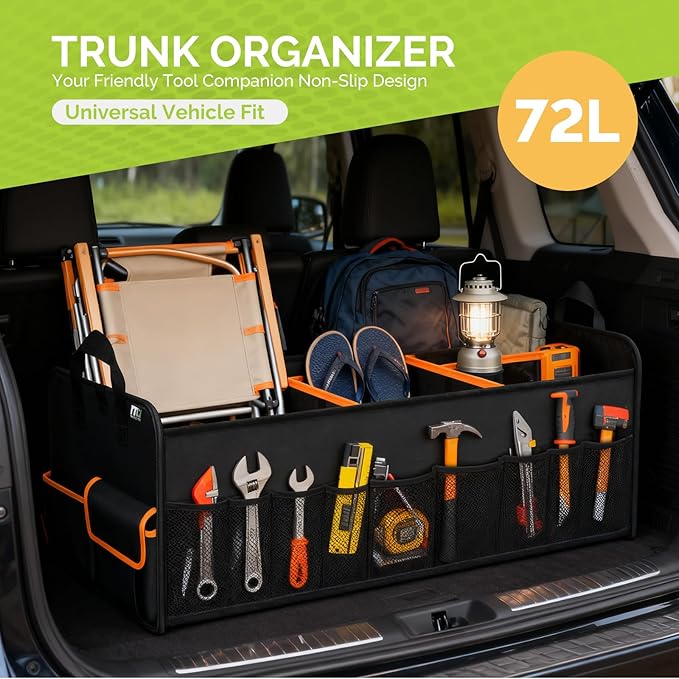 MIU COLOR Trunk Organizer for SUV, Collapsible Trunk Organizer for Car, Non-Slip Bottom, Storage Organizer for Sedans, Van, Jeep, Grocery, Large 4 Compartments, Black Mixed Orange 32"×13"×12"