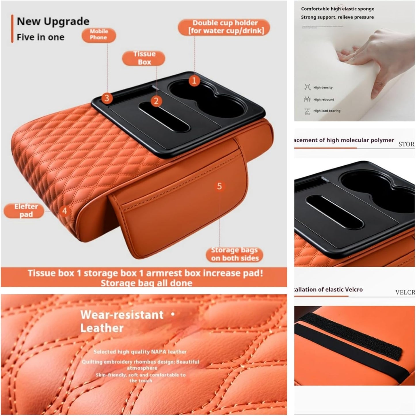 Center Console Cover Organizer, 5-In-1 Arm Rest Cover for Car with Cup Holder & Storage Pocket & Tissue Holder, Armrest Cover Cushion Pad, Water Ripples, Red