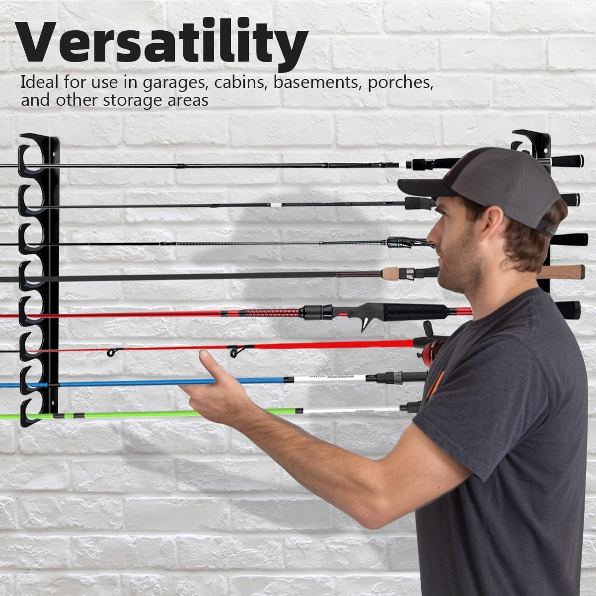 Wall Mounted Fishing Rod Rack Holder Ceiling Storage Hook Hanger Display Metal Horizontal Rack Oranizer Poles Steel Racks Holds up to 16 Rods with Soft Protective Pad for Garage Cabin and Basement