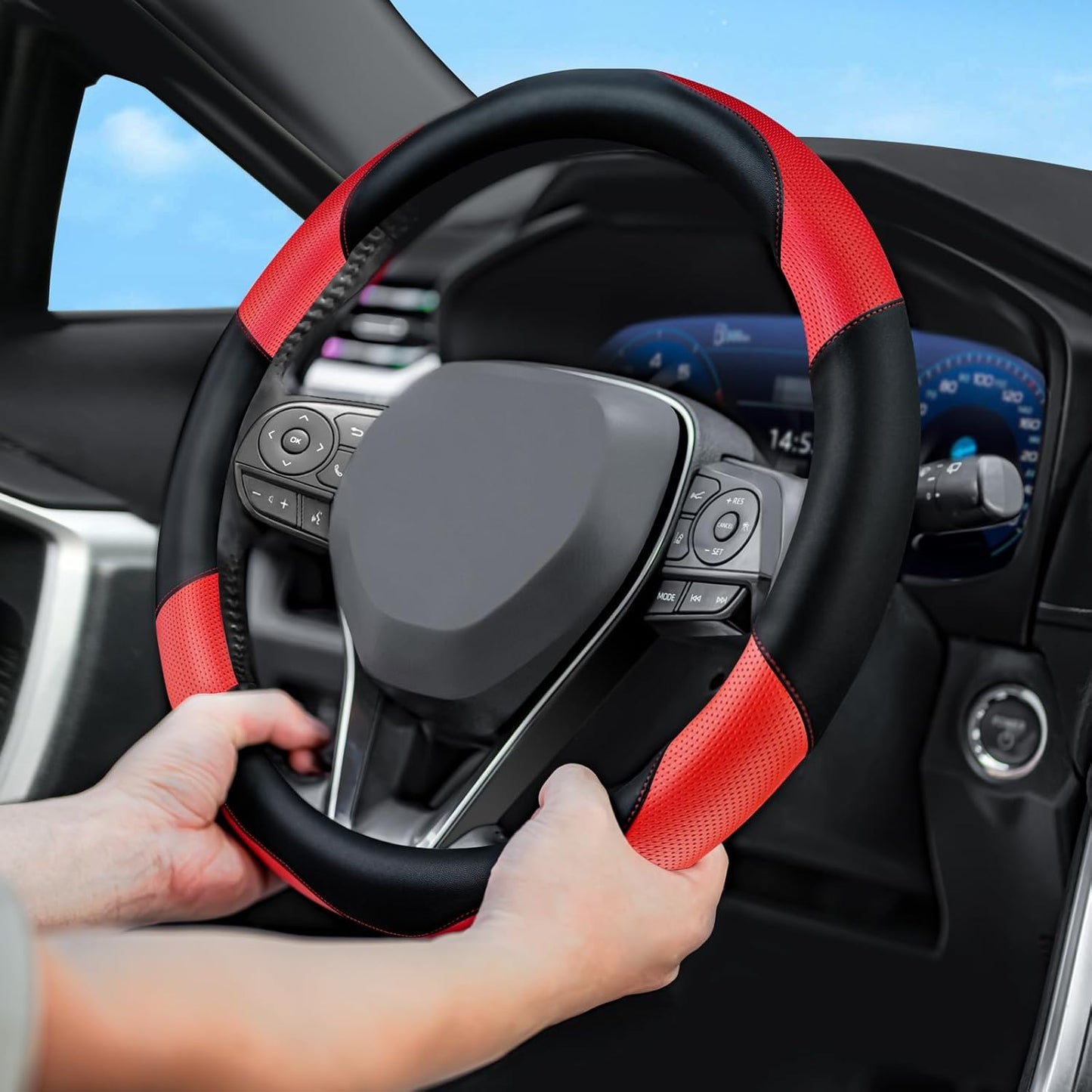 Breathable Soft Leather Steering Wheel Cover with Anti-Slip Grip, fits 14.2 to 14.96 inch Round Wheels and Compatible with Tesla, Toyota, Honda, Nissan Models（Sedans and SUVs）