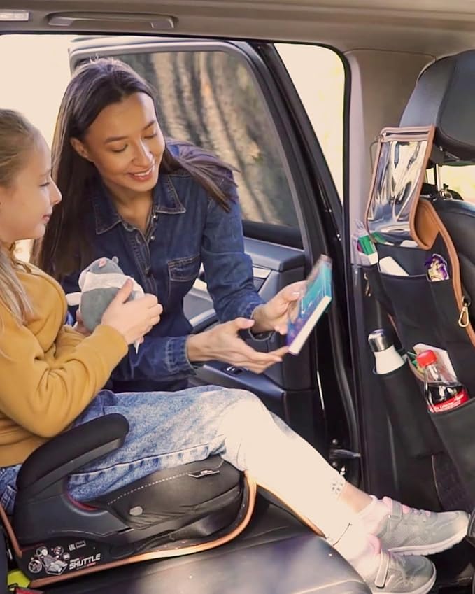 Owleys Back of Seat Organizer for Kids | Car Storage Caddy – 8 Pockets + Transparent Tablet Holder | Waterproof Eco-Leather | 27.5' x 18.5' | Brown+Black