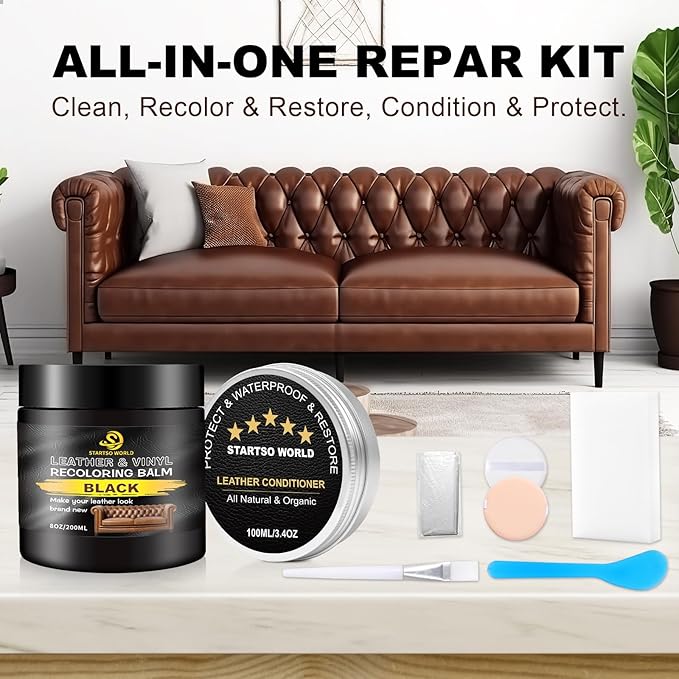 STARTSO WORLD 200Ml Leather Recoloring Balm with 100ML Leather Conditioner, Black Leather Repair Kit for Furniture, Leather Dye, Leather Scratch Repair, Leather Couch Paint