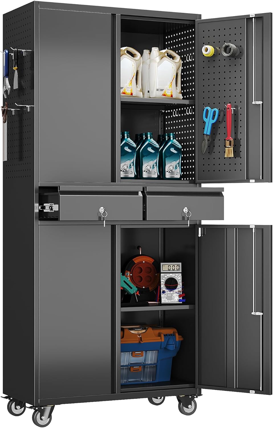 71" Metal Garage Storage Cabinet with 8 Hooks and Pegboards,2 Drawer Rolling Tool Storage with Locking Doors and Adjustable Shelves,Heavy Duty Steel Tool Cabinet for Garage, Warehouse