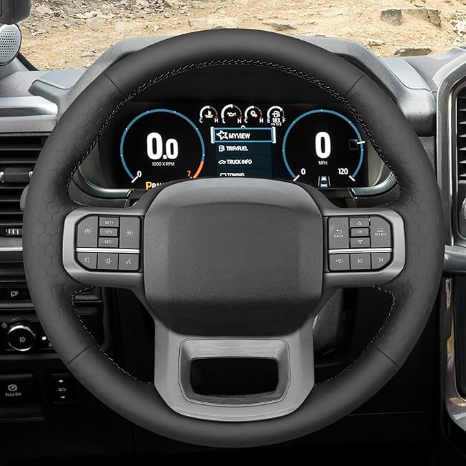 MEWANT DIY Black Solid Hexagon Embossed Faux Leather Steering Wheel Cover for Ford F150 Lightning F350 2024 Expedition