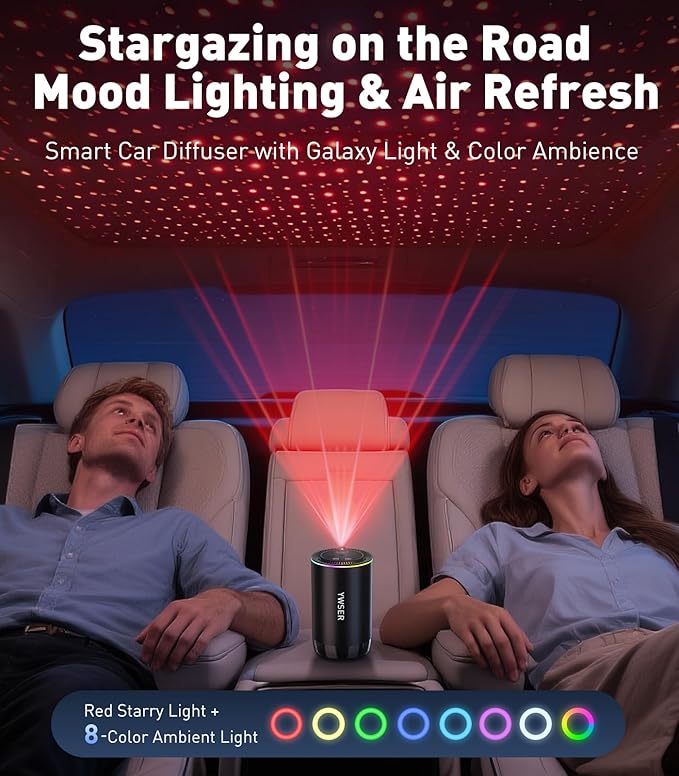 Smart Car Air Freshener, Car Air Freshener Diffuser with Starry Sky Projection and 50ml Perfume, Auto On/Off Intelligent, 3 Mode Adjustable Rechargeable Aroma Diffuser, Cologne