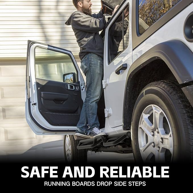 Running Boards Compatible with 2007-2018 Jeep Wrangler JK JKU Unlimited 4 Doors, Two Stairs Design Side Steps Heavy-Duty Steel Nerf Bars Bolt-on Step Plates Rock Sliders Rail, Black