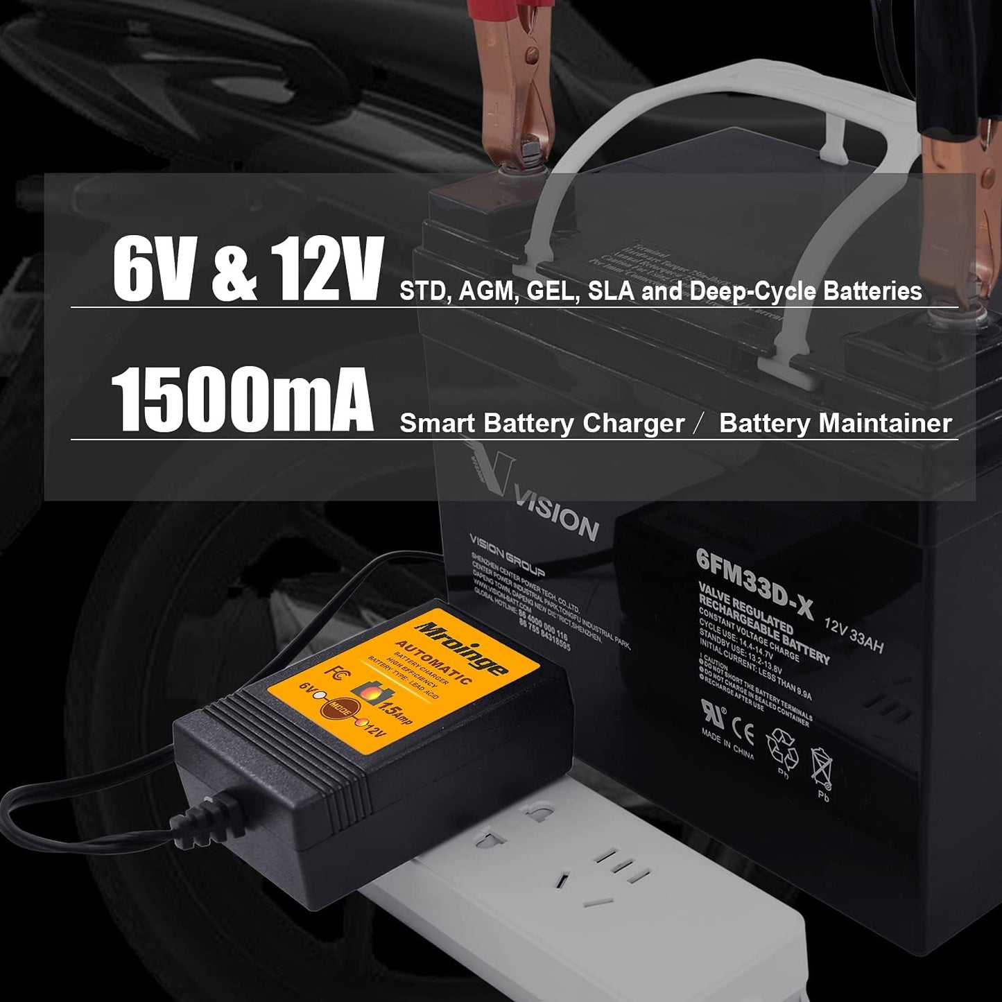 MBC015, 6V / 12V 1.5A Fully Automatic Trickle Battery Charger/Maintainer for Automotive Vehicle Motorcycle Lawn Mower ATV RV Powersport Boat, Sealed Deep-Cycle AGM Gel Cell Lead Acid Batteries