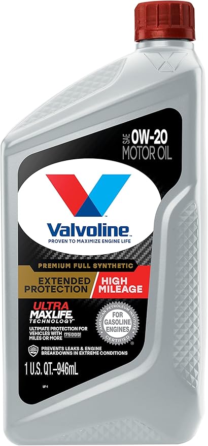 Valvoline Extended Protection High Mileage with Ultra MaxLife Technology 0W-20 Full Synthetic Motor Oil 1 QT, Case of 6