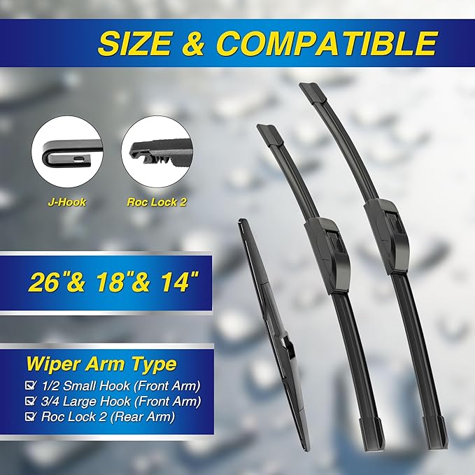 5 PLUS® Silicone Windshield Wiper Blades Replacement for 2022-2014 JEEP Cherokee Wiper Blades(Set of 3),Automotive Replacement Windshield Wiper Blades With silicone Water Repellency-26"/18"/14"