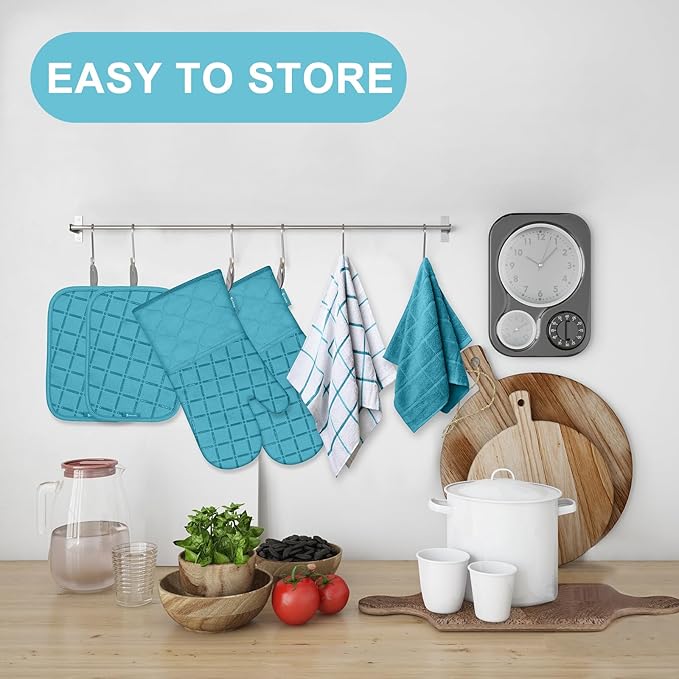 Oven Mitts Kitchen Towels and Dishcloths Pot Holders Sets, Oven Gloves Kitchen Dish Towels 500 Degree Heat Resistant Potholders with Non-Slip Silicone Surface for Cooking, Grilling, Baking-Blue