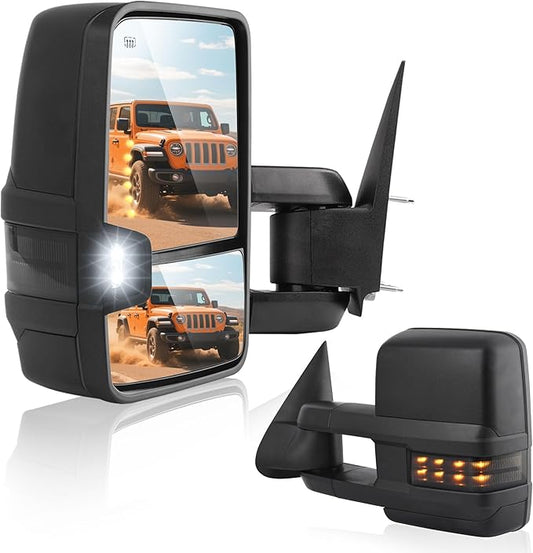 DWVO Towing Mirrors Compatible with 03-06 Silverado Avalanche Tahoe Suburban GMC Yukon Sierra Cadillac Escalade, LED Signal Lamp Power Heated Clearance Light Black Pair Mirrors