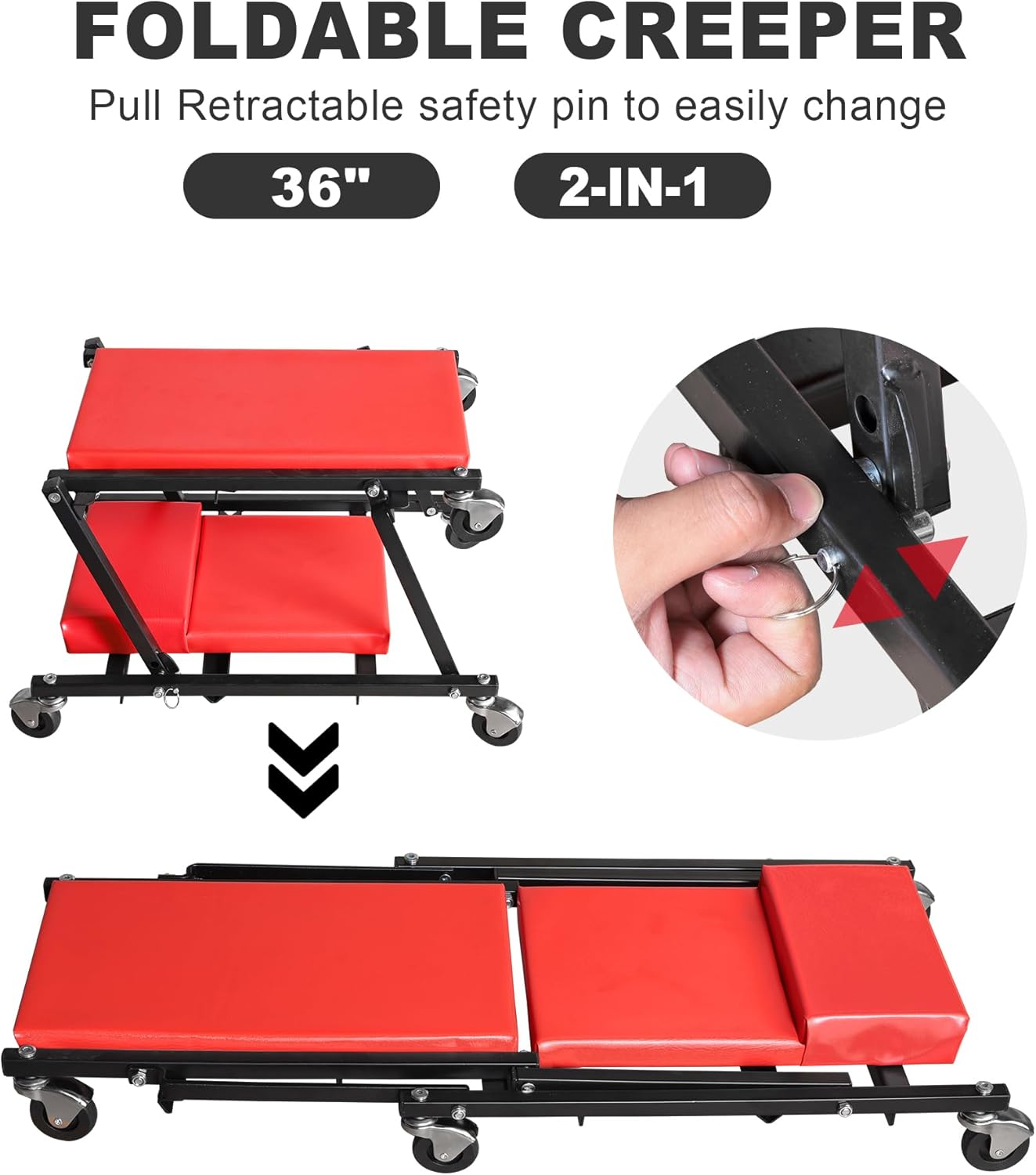 TCE 36" Rolling Foldable Automotive Creeper, 2-in-1 Garage Shop Creeper, Car Creeper,for Auto Repair, 300 Lbs Capacity, Red, TAM6505RU Torin