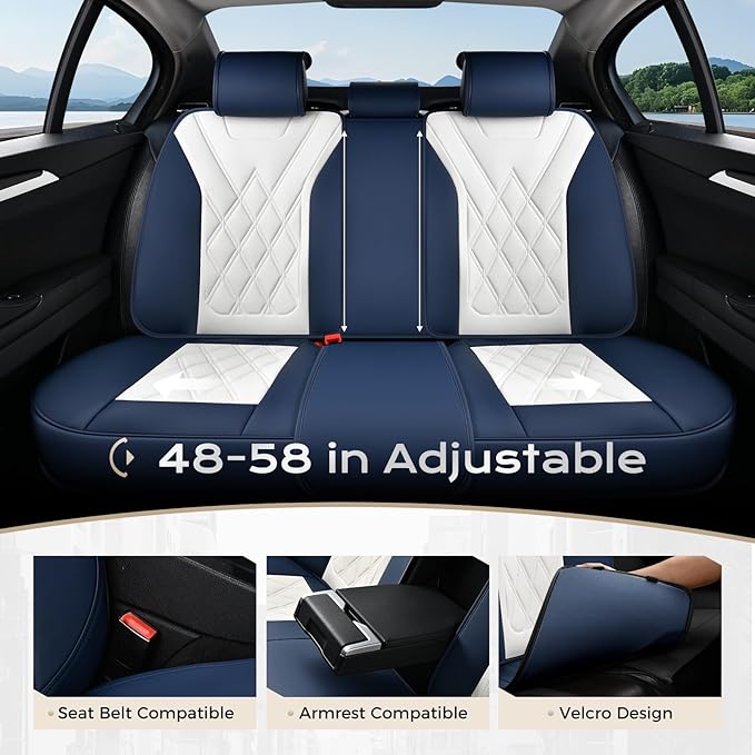 Coverado Car Seat Covers Full Set, Seat Covers for Cars, Waterproof Leather Automotive Seat Cover, Universal Car Interior Protectors Cushion for Most Cars Blue_White