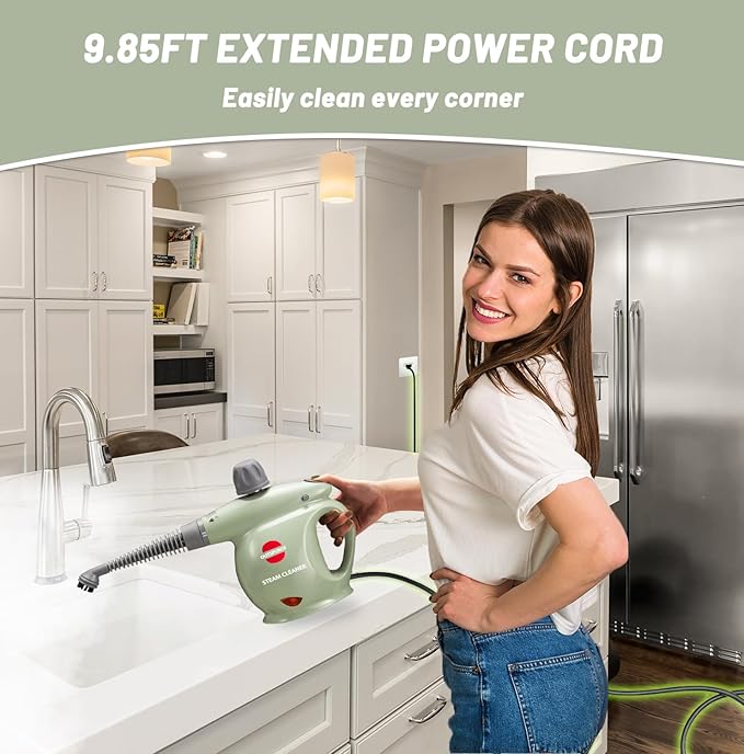 Handheld Steam Cleaner, Pressurized Multi-Surface Steam Shot with 13 Accessories, Safety Lock, Steamer for Cleaning Floor, Upholstery, Grout, Windows, Couch and Car, Green