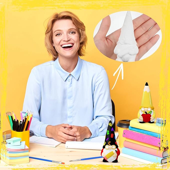 Seenelling 2 Sets Ready to Paint Your Own Gnome School Gnome Ceramics to Paint Teacher Appreciation Gifts 4'' Unpainted Ceramic Figurine Kit for Teacher DIY Art Crafts Office Desk Home Table Decor