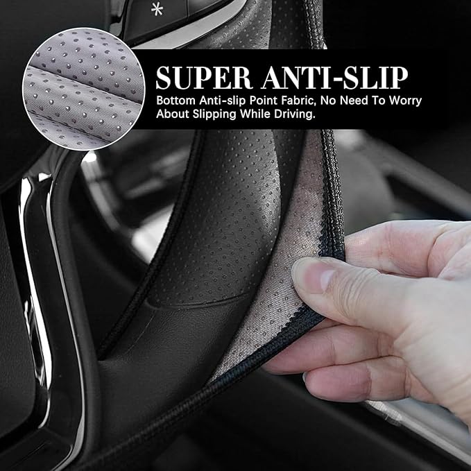Black car Steering Wheel Cover - Universal Car Accessory for Diverse Cars, Durable Leather Cover with Anti-Slip Lining, for GMC Steering Wheel with a Diameter of 14.5"-15".