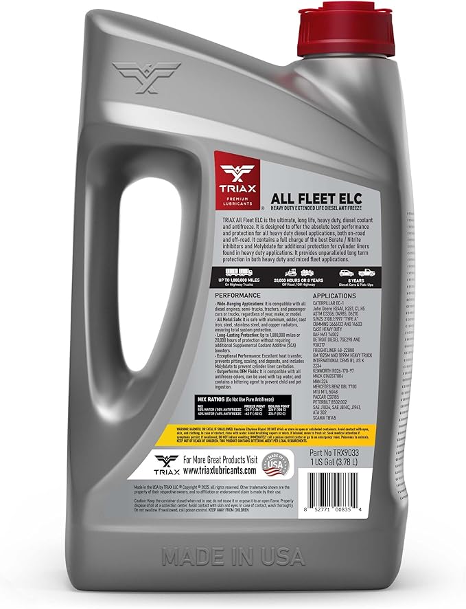 Triax All Fleet ELC - Heavy Duty Extended Life Diesel Antifreeze Concentrate - HD NOAT, 1 Million Mile, 8 Year, 20,000 Hours, Compatible with CAT EC-1 (4 Gallon Pack)