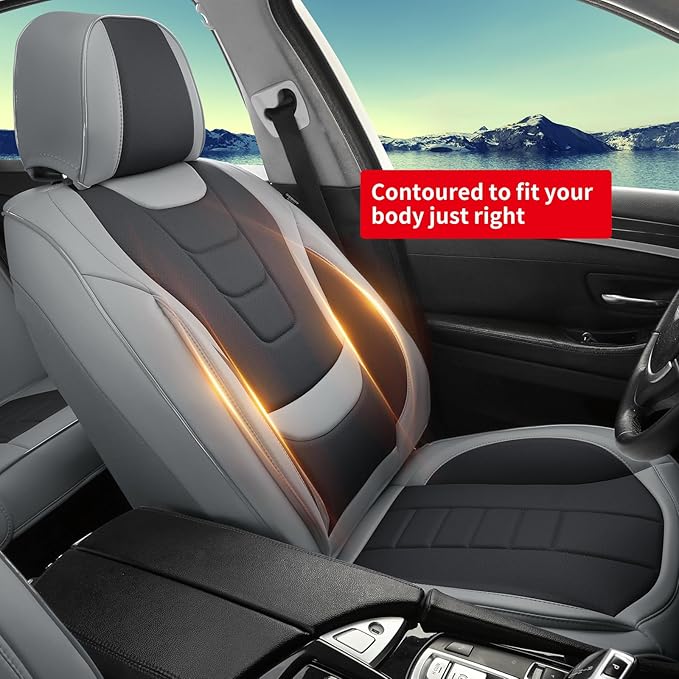 Car Seat Covers for Full Set – Waterproof & Breathable Faux Nappa Leather, 360° Wrap Design, Airbag Compatible, Lumbar Support, Great for Drivers Who Need Driving Comfort,Gray and Black