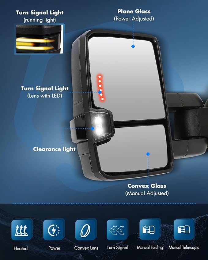 ECCPP Towing Mirrors Fit For 1988-1998 For Chevrolet C/K Pickup For Suburban For GMC C/K Pickup For Suburban With Power Heated Turn Signal Light Switchback Light On Cover Back Up lamp Black