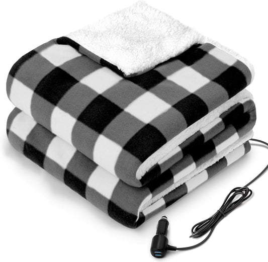 Sealy 12-Volt Heated Car Blanket with 2 USB Output Ports, 3 Heating Levels & 4 Hours Auto Off, Electric Blanket for Car, Truck, SUV, RV or Camping, Machine Washable, 59" X 43", Plaid