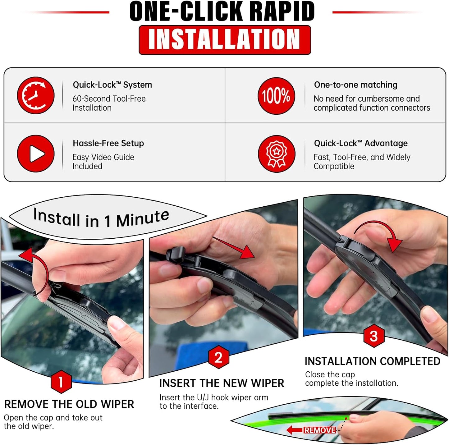 Windshield Wiper Blades Replacement for Lexus RX330 2004-2006, RX350 2007-2009, RX400h 2006-2008 - Front Rear Wipers Blade Set 26" 22" 14" (Pack of 3)